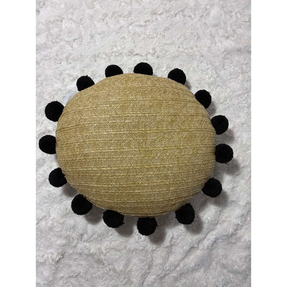 Boho Round Pom Pom Woven Straw Decorative Pillow Tan Black Coastal Tommy Bahama